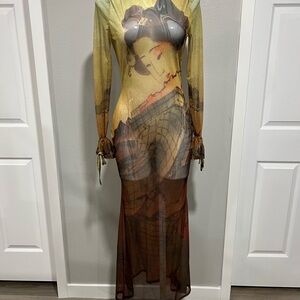 Sheer Long Sleeve Maxi Dress with Artistic Print